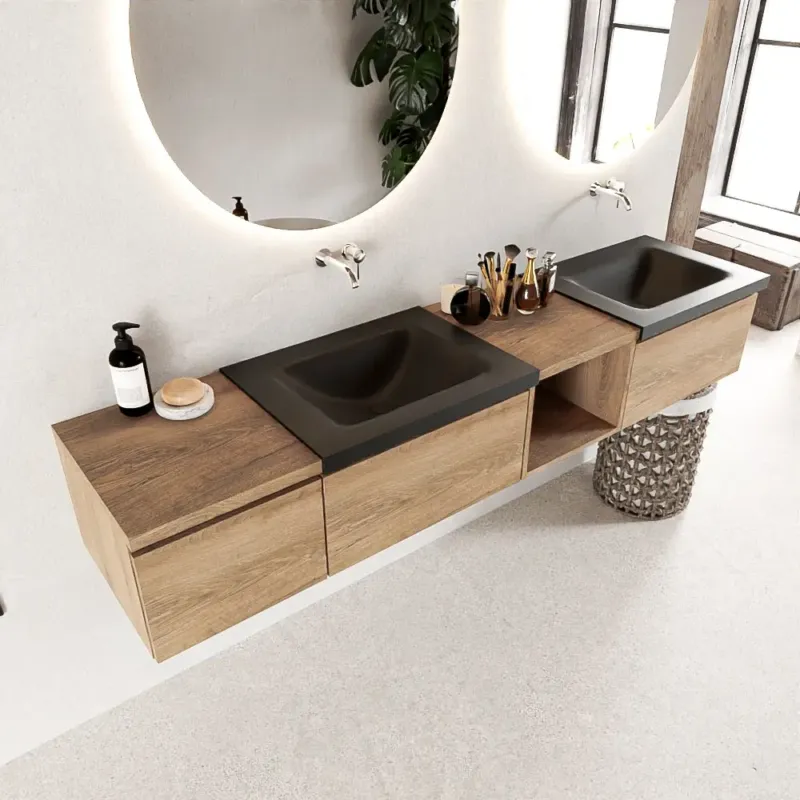 Tijdelijk Beschikbaar Mondiaz Bukla 200cm badmeubel met open module 40 rechts Washed Oak met 3 lades wastafel Cloud dubbel 0 kraangaten Urban