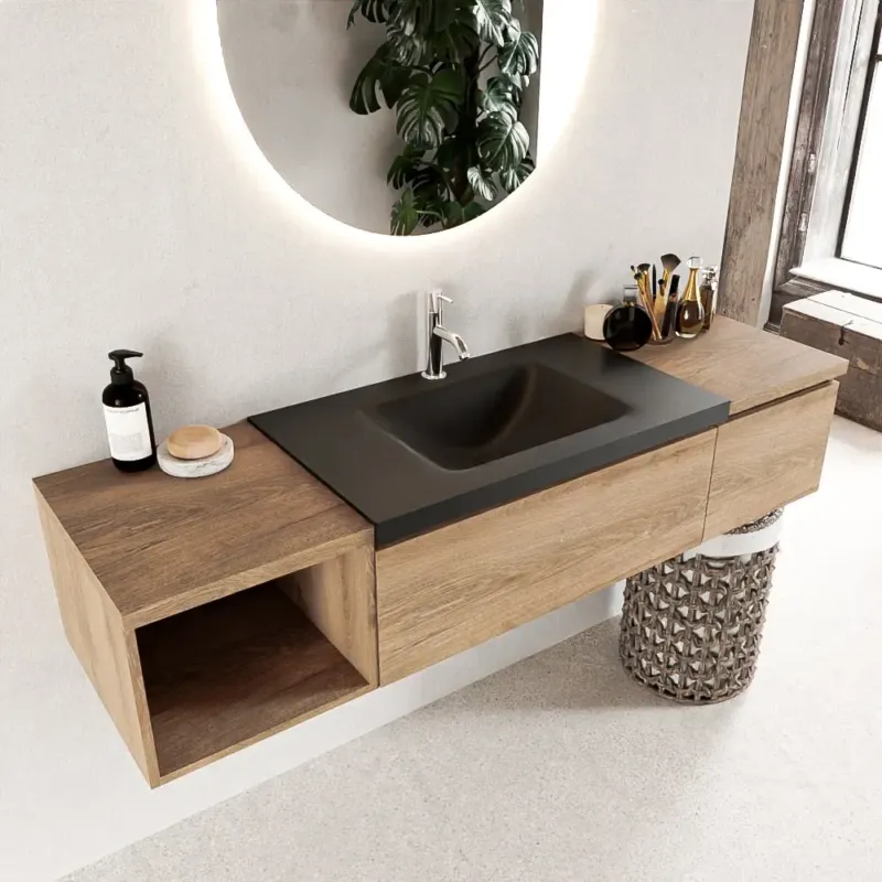 Voordeelprijs Mondiaz Bukla 160cm badmeubel met open module 40 links Washed Oak met 2 lades wastafel Cloud midden 1 kraangat Urban