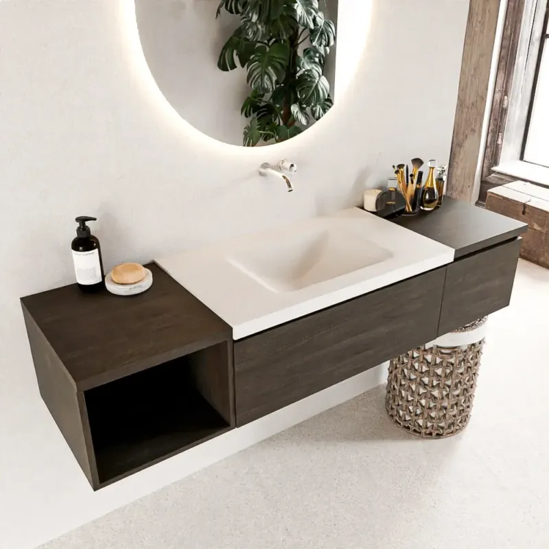 Tijdelijk Beschikbaar Mondiaz Bukla 160cm badmeubel met open module 40 links Dark Brown met 2 lades wastafel Cloud midden 0 kraangaten Talc