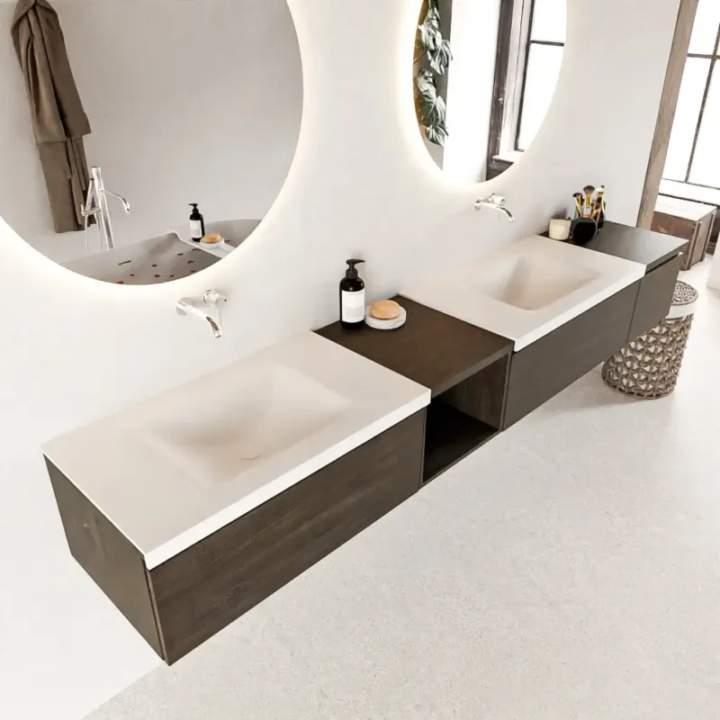 Tijdelijk Beschikbaar Mondiaz Bukla 240cm badmeubel met open module 40 links Dark Brown met 3 lades wastafel Cloud dubbel 0 kraangaten Talc