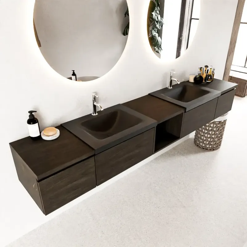 Weekendaanbieding Mondiaz Bukla 240cm badmeubel met open module 40 midden Dark Brown met 4 lades wastafel Cloud dubbel 2 kraangaten Urban