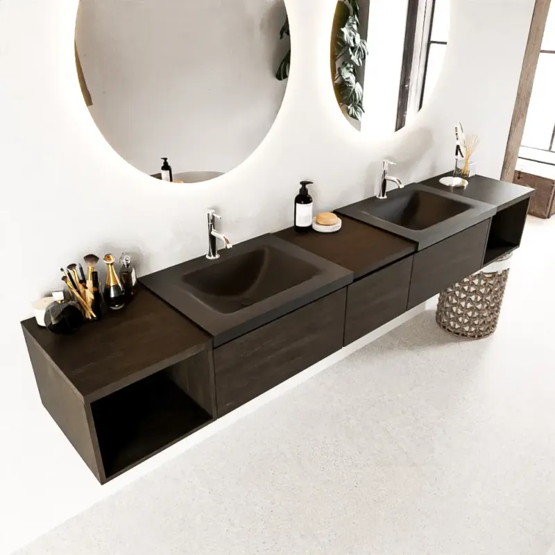 Voordeelprijs Mondiaz Bukla 240cm badmeubel met open module 40 L+R Dark Brown met 3 lades wastafel Cloud dubbel 2 kraangaten Urban