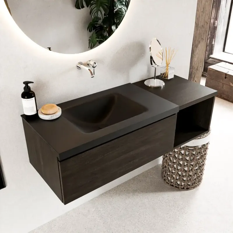 Tijdelijk Beschikbaar Mondiaz Bukla 120cm badmeubel met open module 40 Dark Brown met 1 lade wastafel Cloud links 0 kraangaten Urban
