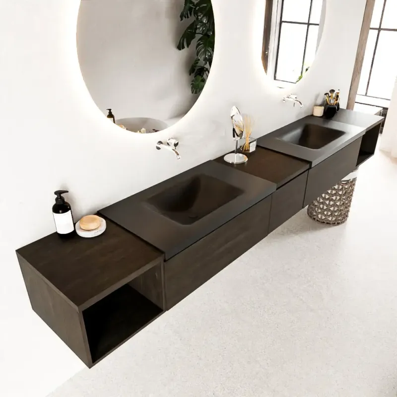 Betrouwbaar Mondiaz Bukla 280cm badmeubel met open module 40 L+R Dark Brown met 3 lades wastafel Cloud dubbel 0 kraangaten Urban