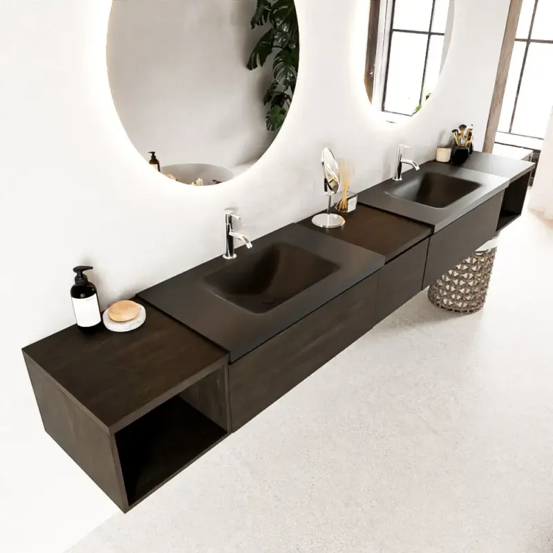 Op = Op Mondiaz Bukla 280cm badmeubel met open module 40 L+R Dark Brown met 3 lades wastafel Cloud dubbel 2 kraangaten Urban