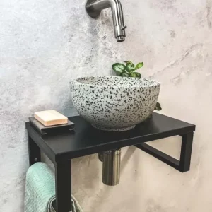 Superprijs Saniclear Lovi fonteinset met zwart-witte terrazzo waskom en RVS kraan voor in het toilet