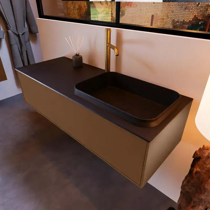 Mondiaz Erin 120cm badmeubel Rust met 1 lade en zwarte wastafel rechts 1 kraangat Tijdelijk Beschikbaar
