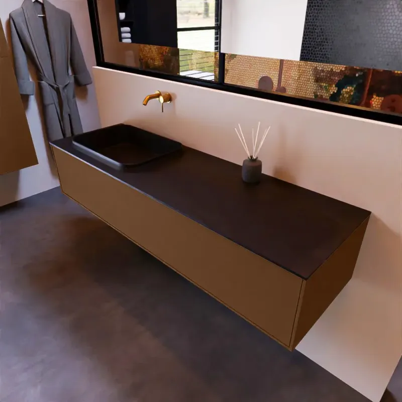 Mondiaz Erin 150cm badmeubel Rust met 1 lade en zwarte wastafel links zonder kraangaten Hete Deal