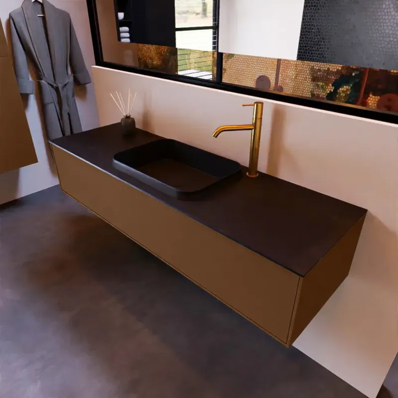 Veilige Betaling Mondiaz Erin 150cm badmeubel Rust met 1 lade en zwarte wastafel midden 1 kraangat