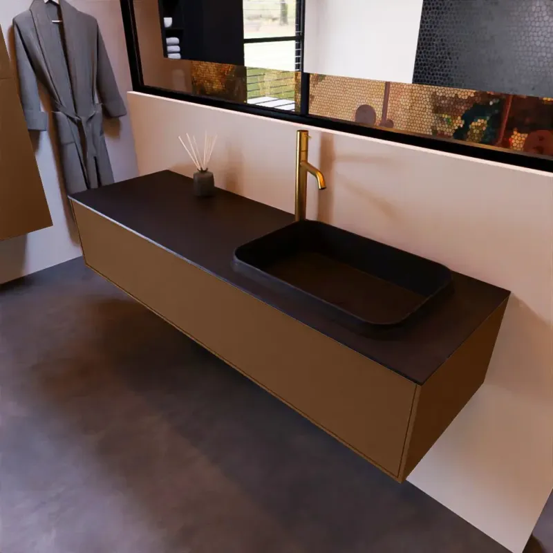 Beperkte Voorraad Mondiaz Erin 150cm badmeubel Rust met 1 lade en zwarte wastafel rechts 1 kraangat