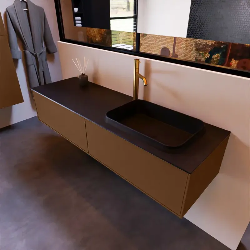 Dagaanbieding Mondiaz Erin 150cm badmeubel Rust met 2 lades en zwarte wastafel rechts 1 kraangat