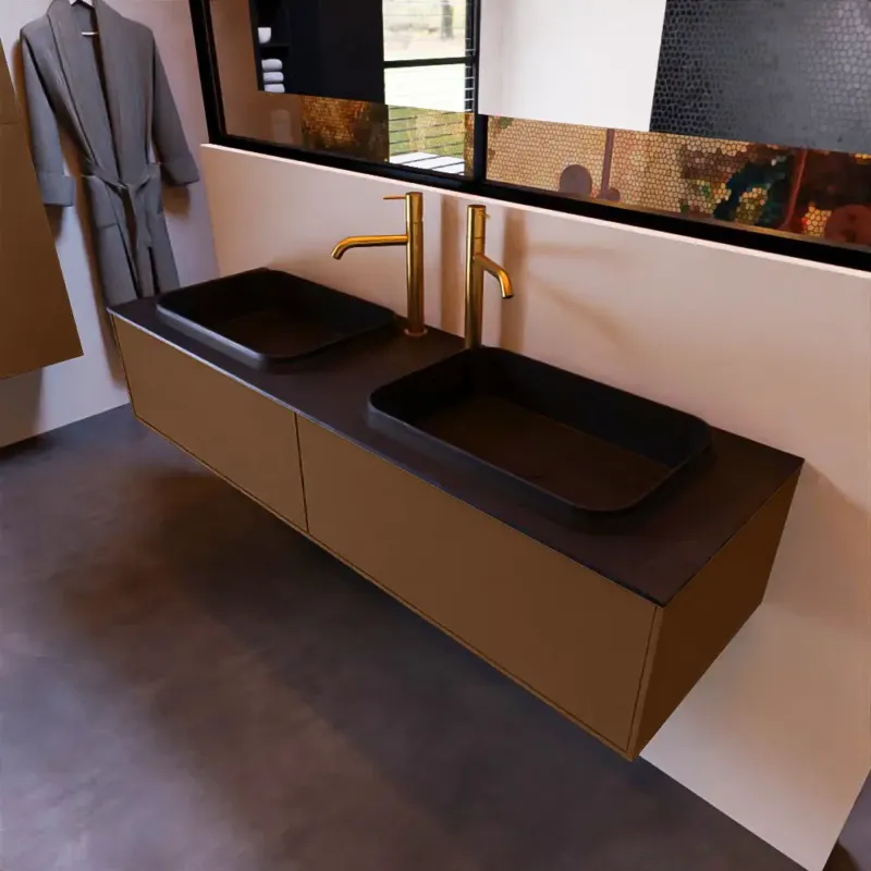 Bestseller Mondiaz Erin 150cm badmeubel Rust met 2 lades en zwarte wastafel dubbel 2 kraangaten