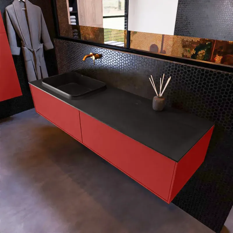 Mondiaz Erin 150cm badmeubel Fire met 2 lades en zwarte wastafel links zonder kraangaten Gratis Retour