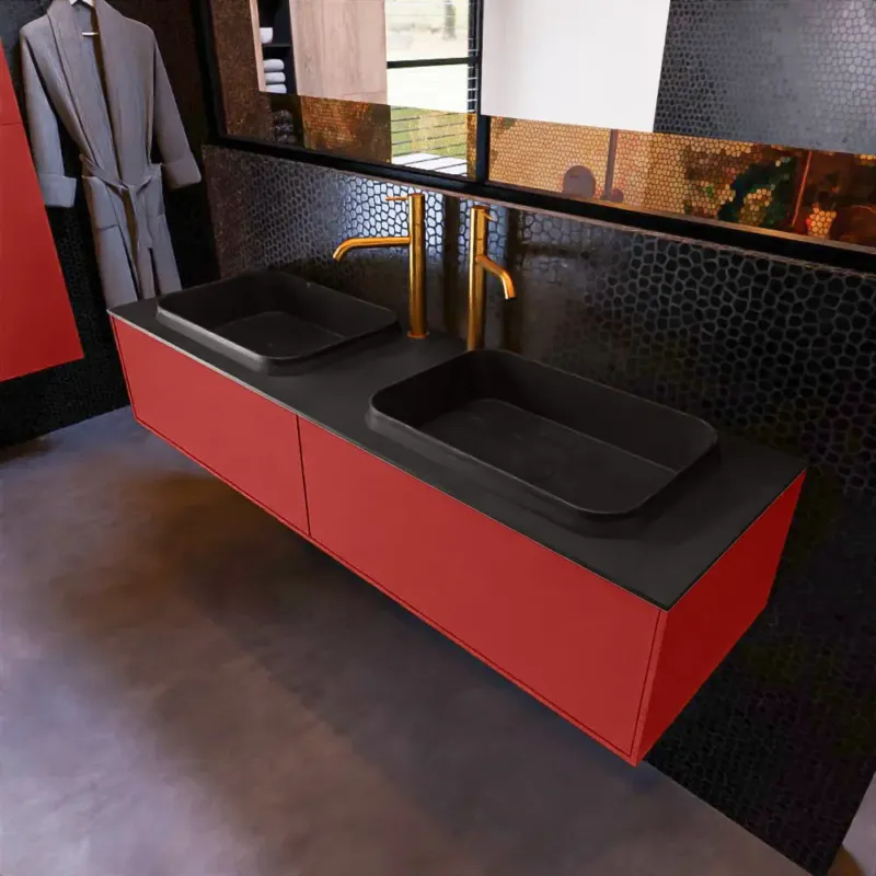 Mondiaz Erin 150cm badmeubel Fire met 2 lades en zwarte wastafel dubbel 2 kraangaten Merkproduct