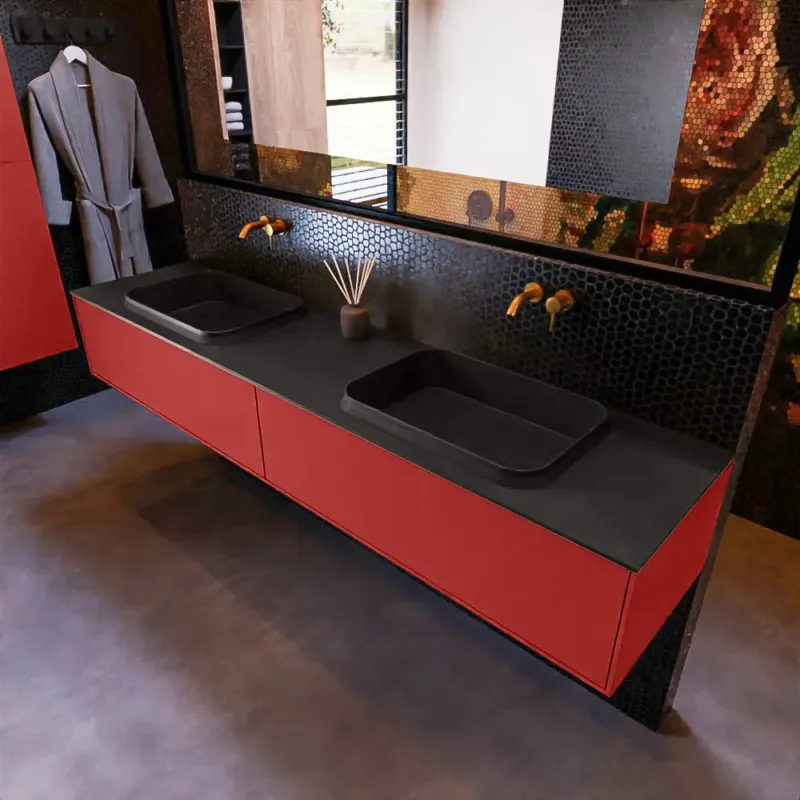 Weekendaanbieding Mondiaz Erin 200cm badmeubel Fire met 2 lades en zwarte wastafel dubbel zonder kraangaten