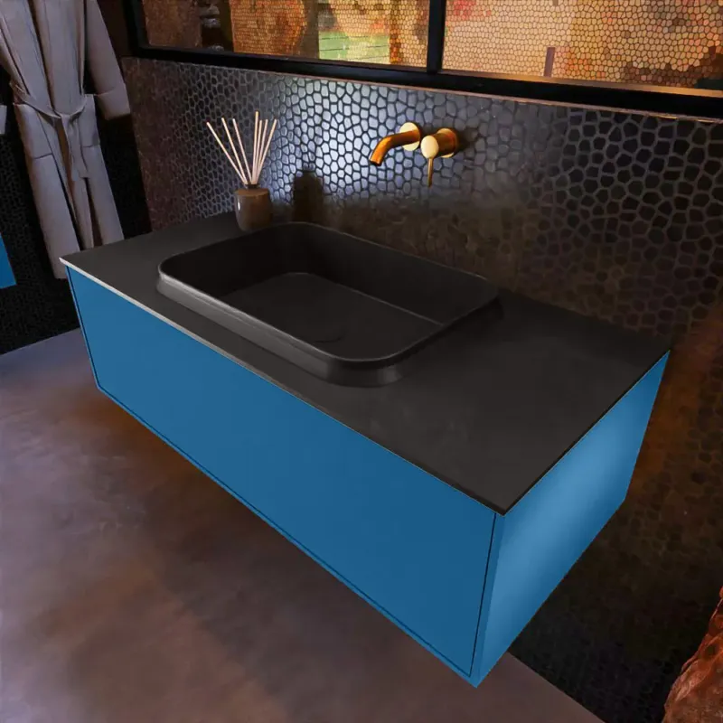 Mondiaz Erin 100cm badmeubel Jeans met 1 lade en zwarte wastafel midden zonder kraangaten Nieuw