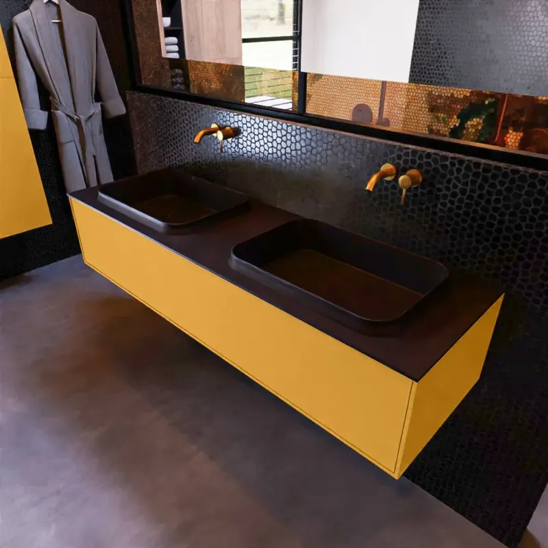 Mondiaz Erin 150cm badmeubel Ocher met 1 lade en zwarte wastafel dubbel zonder kraangaten Premium