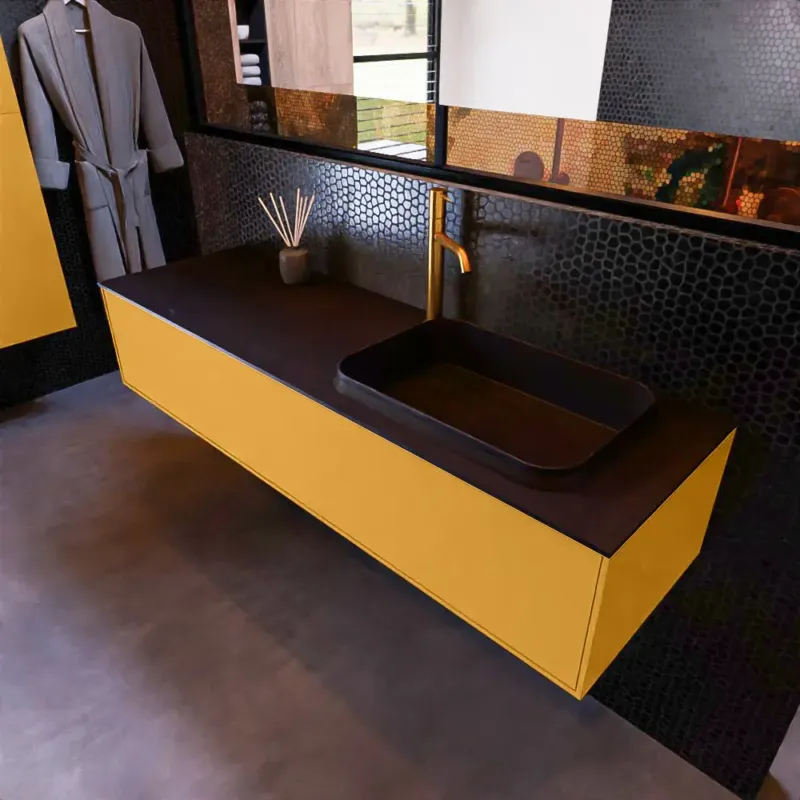 Mondiaz Erin 150cm badmeubel Ocher met 1 lade en zwarte wastafel rechts 1 kraangat Aanbieding