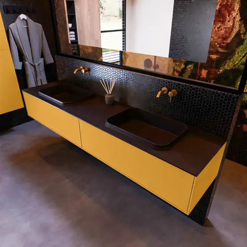 Mondiaz Erin 200cm badmeubel Ocher met 2 lades en zwarte wastafel dubbel zonder kraangaten Merkproduct