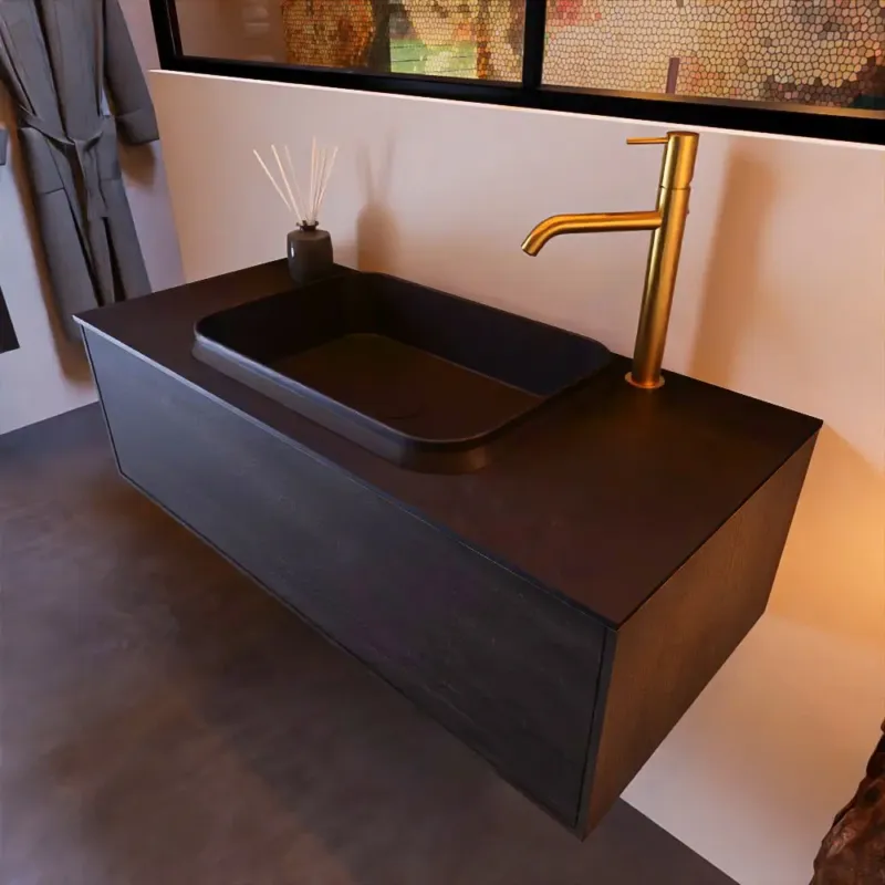 Fabrieksprijs Mondiaz Erin 100cm badmeubel Antracite met 1 lade en zwarte wastafel midden 1 kraangat