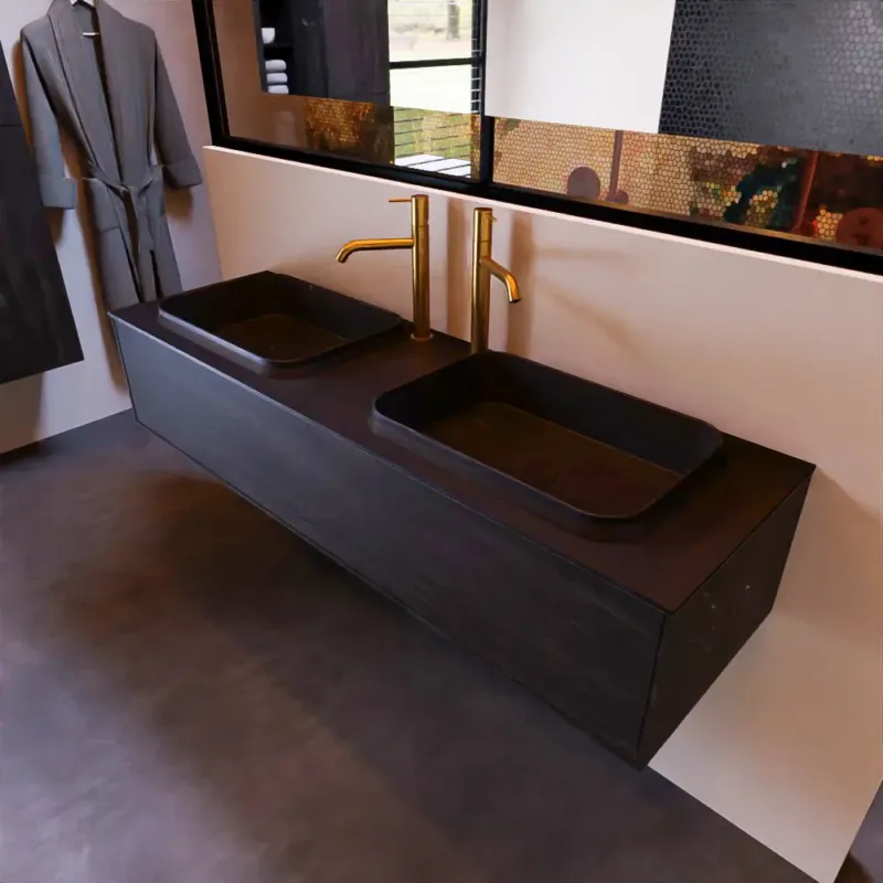 Laatste Versie Mondiaz Erin 150cm badmeubel Antracite met 1 lade en zwarte wastafel dubbel 2 kraangaten