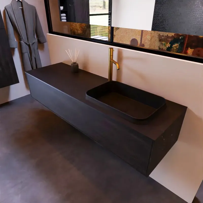 Actieprijs Mondiaz Erin 150cm badmeubel Dark Brown met 1 lade en zwarte wastafel rechts 1 kraangat