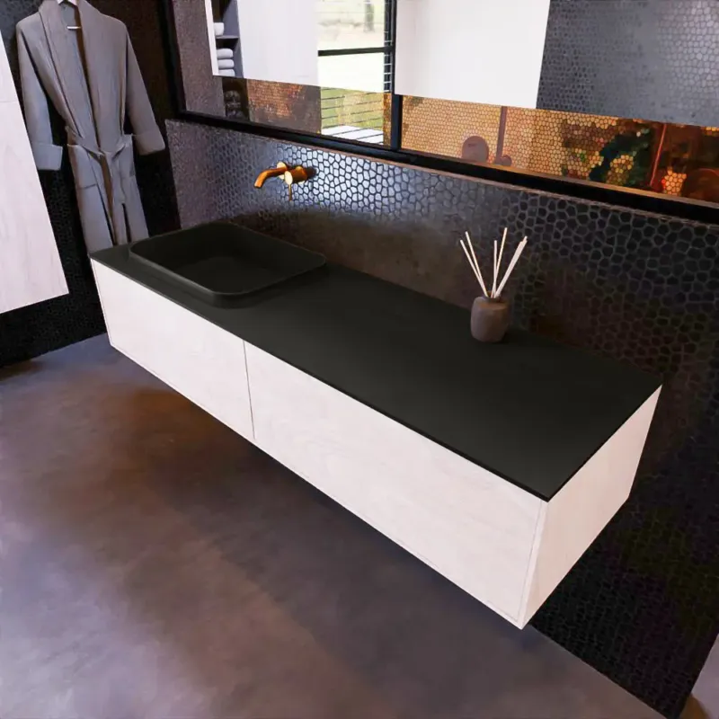 Mondiaz Erin 150cm badmeubel Underlayment met 2 lades en zwarte wastafel links zonder kraangaten Hoge Kwaliteit