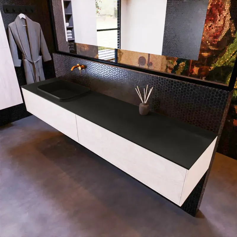 Flitsaanbieding Mondiaz Erin 200cm badmeubel Underlayment met 2 lades en zwarte wastafel links zonder kraangaten