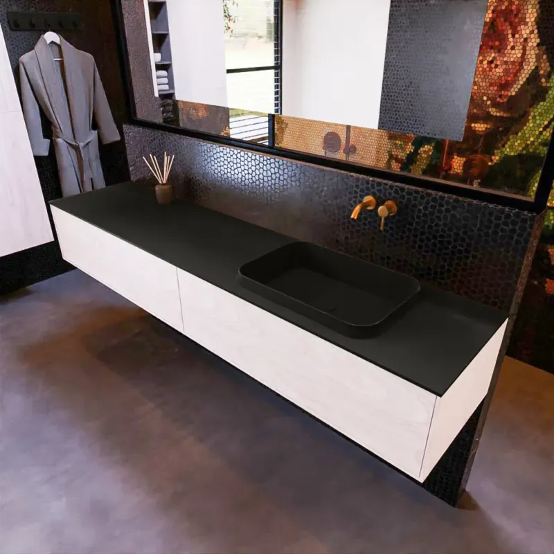 Mondiaz Erin 200cm badmeubel Underlayment met 2 lades en zwarte wastafel rechts zonder kraangaten Bestseller