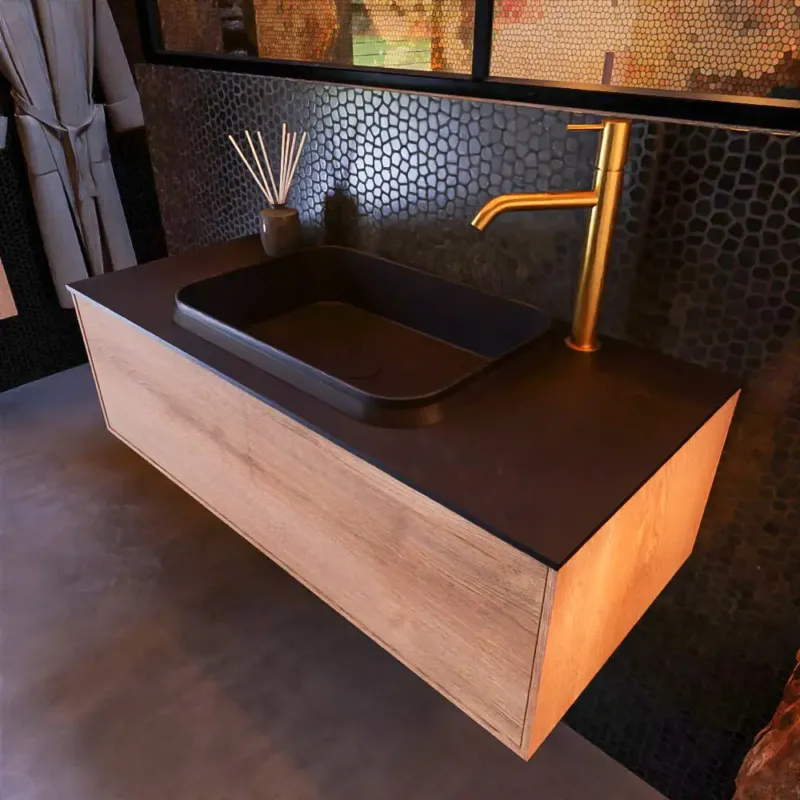Uitverkoop Mondiaz Erin 100cm badmeubel Washed Oak met 1 lade en zwarte wastafel midden 1 kraangat