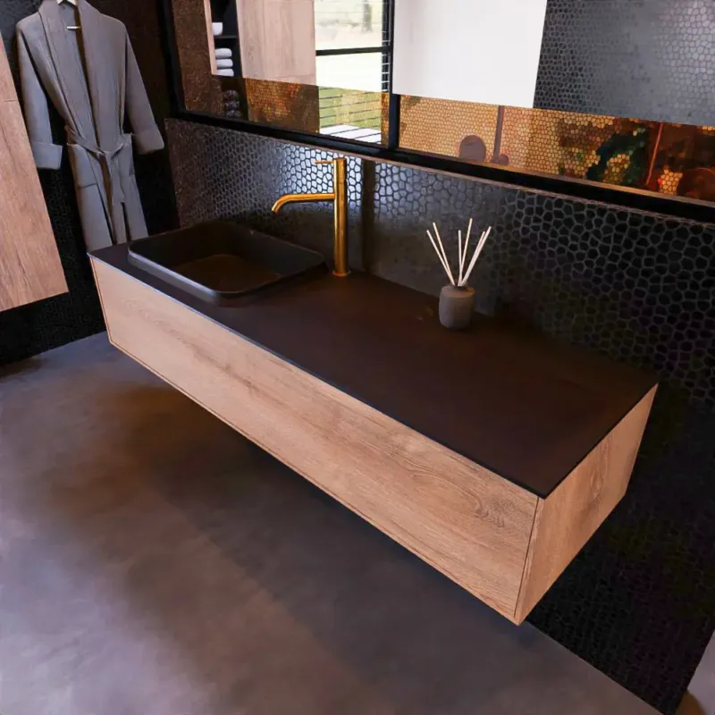 Veilige Betaling Mondiaz Erin 150cm badmeubel Washed Oak met 1 lade en zwarte wastafel links 1 kraangat