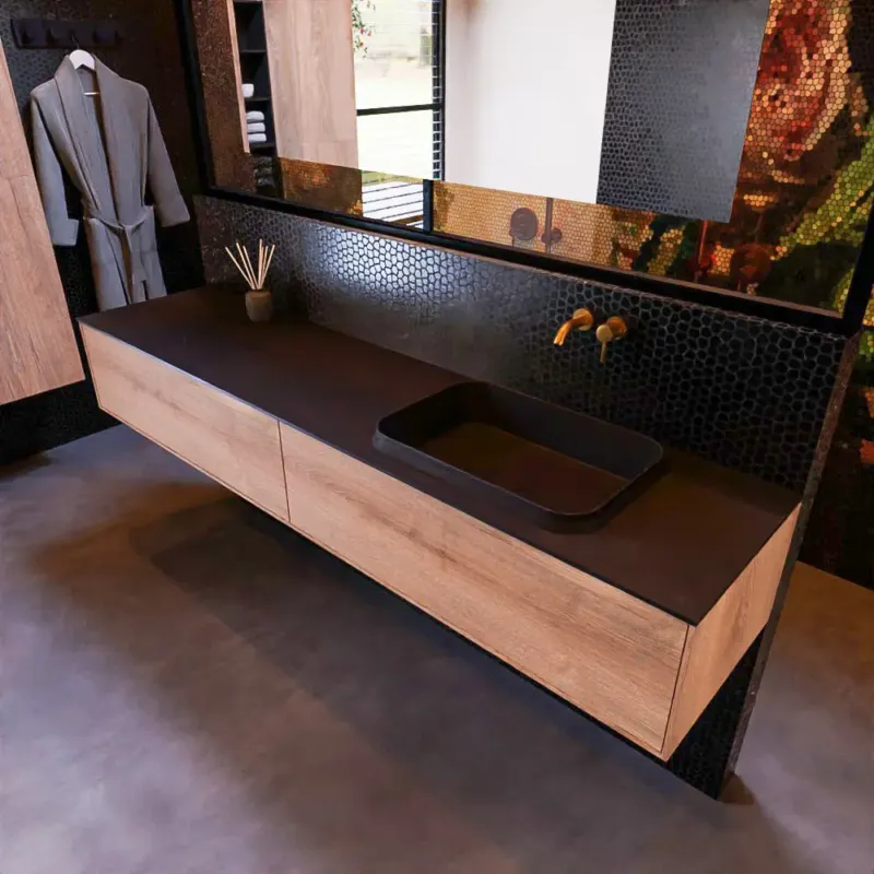 Weekendaanbieding Mondiaz Erin 200cm badmeubel Washed Oak met 2 lades en zwarte wastafel rechts zonder kraangaten