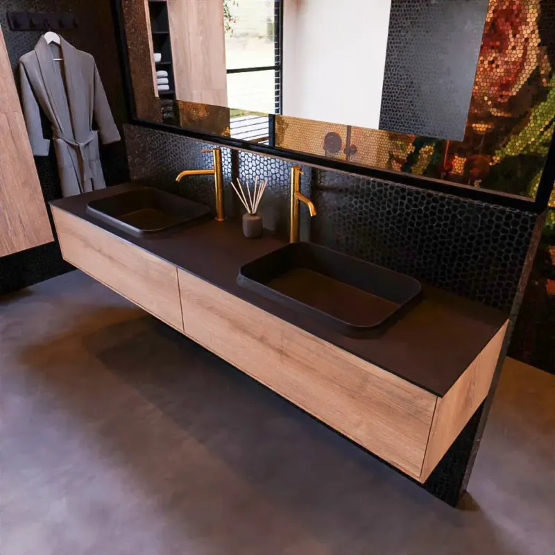Tijdelijk Beschikbaar Mondiaz Erin 200cm badmeubel Washed Oak met 2 lades en zwarte wastafel dubbel 2 kraangaten