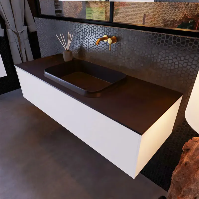 Shop Nu Mondiaz Erin 120cm badmeubel Carrara met 1 lade en zwarte wastafel midden zonder kraangaten