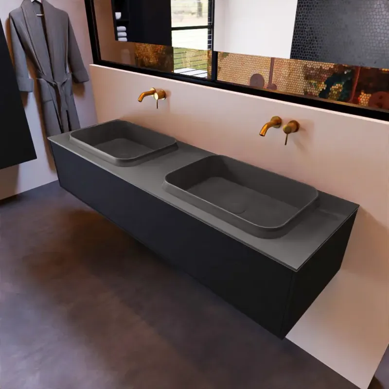 Mondiaz Erin 150cm badmeubel Urban met 1 lade en donkergrijze wastafel dubbel zonder kraangaten Direct Verzonden