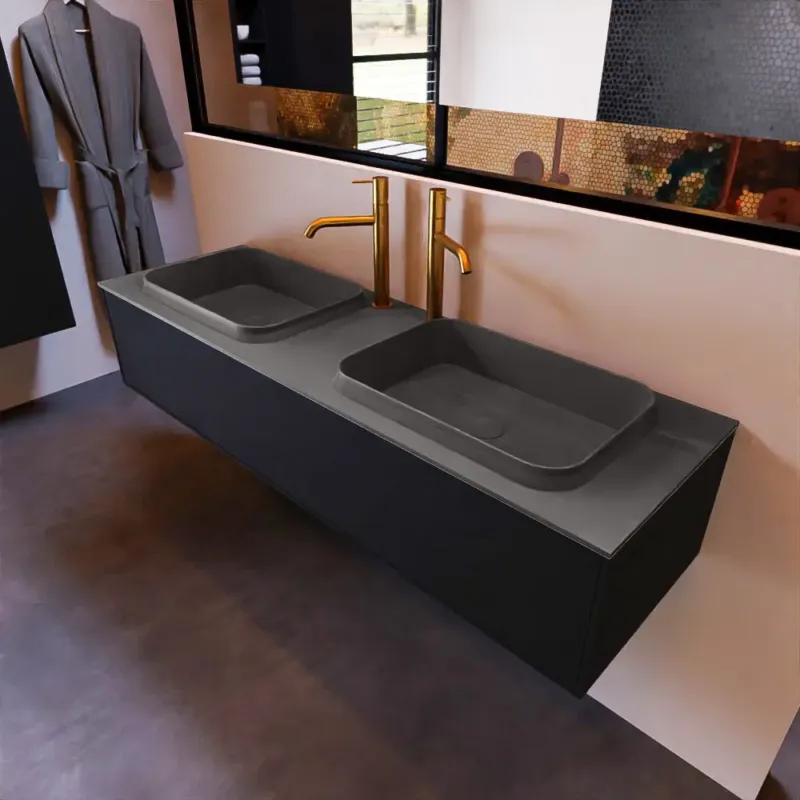 Mondiaz Erin 150cm badmeubel Urban met 1 lade en donkergrijze wastafel dubbel 2 kraangaten Fabrieksprijs