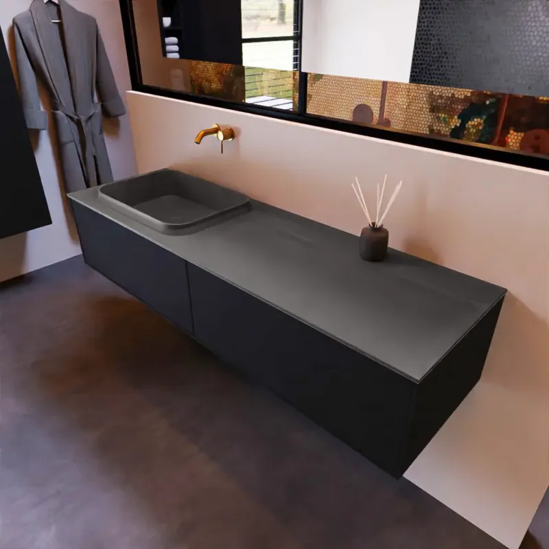 Favoriet Mondiaz Erin 150cm badmeubel Urban met 2 lades en donkergrijze wastafel links zonder kraangaten