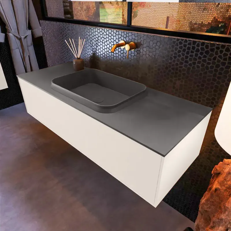 Actieprijs Mondiaz Erin 120cm badmeubel Linen met 1 lade en donkergrijze wastafel midden zonder kraangaten