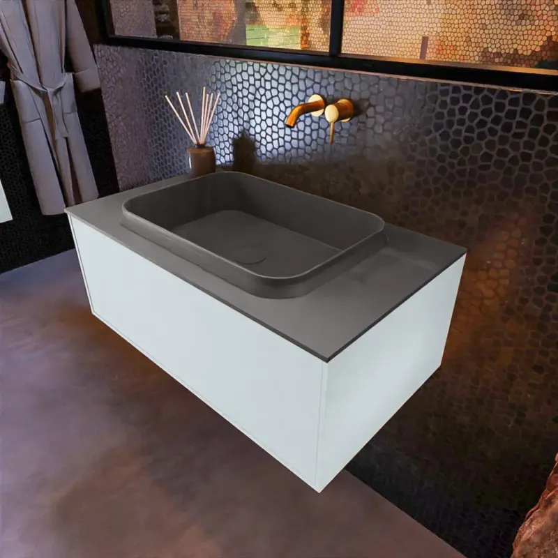 Exclusieve Aanbieding Mondiaz Erin 80cm badmeubel Clay met 1 lade en donkergrijze wastafel midden zonder kraangaten
