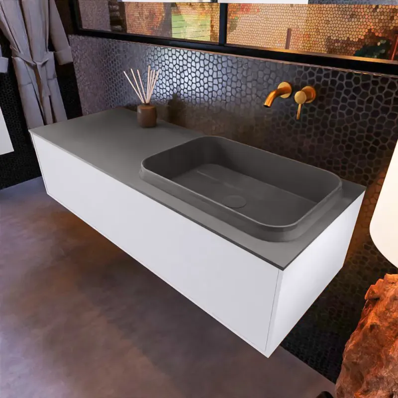 Aanbieding Mondiaz Erin 120cm badmeubel Cale met 1 lade en donkergrijze wastafel rechts zonder kraangaten
