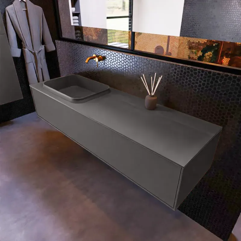 Alleen Vandaag Mondiaz Erin 150cm badmeubel Dark Grey met 1 lade en donkergrijze wastafel links zonder kraangaten