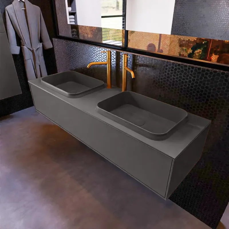 Weekendaanbieding Mondiaz Erin 150cm badmeubel Dark Grey met 1 lade en donkergrijze wastafel dubbel 2 kraangaten