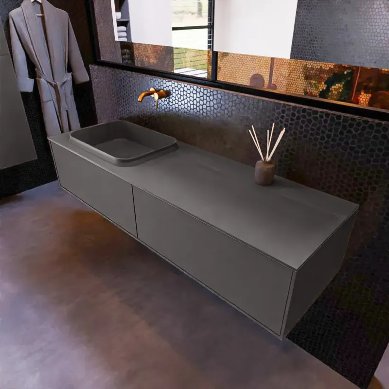 Tijdelijk Beschikbaar Mondiaz Erin 150cm badmeubel Dark Grey met 2 lades en donkergrijze wastafel links zonder kraangaten
