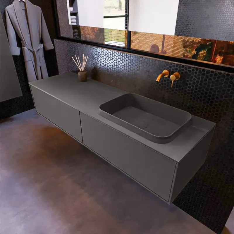 Veilige Betaling Mondiaz Erin 150cm badmeubel Dark Grey met 2 lades en donkergrijze wastafel rechts zonder kraangaten