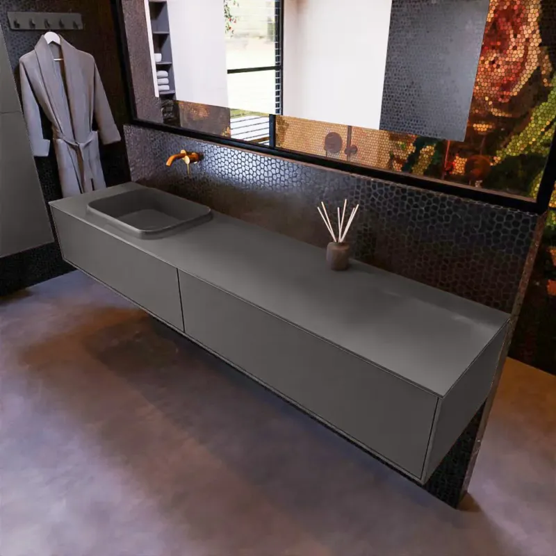 Aanbieding Mondiaz Erin 200cm badmeubel Dark Grey met 2 lades en donkergrijze wastafel links zonder kraangaten