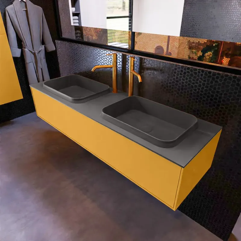 Exclusieve Aanbieding Mondiaz Erin 150cm badmeubel Ocher met 1 lade en donkergrijze wastafel dubbel 2 kraangaten