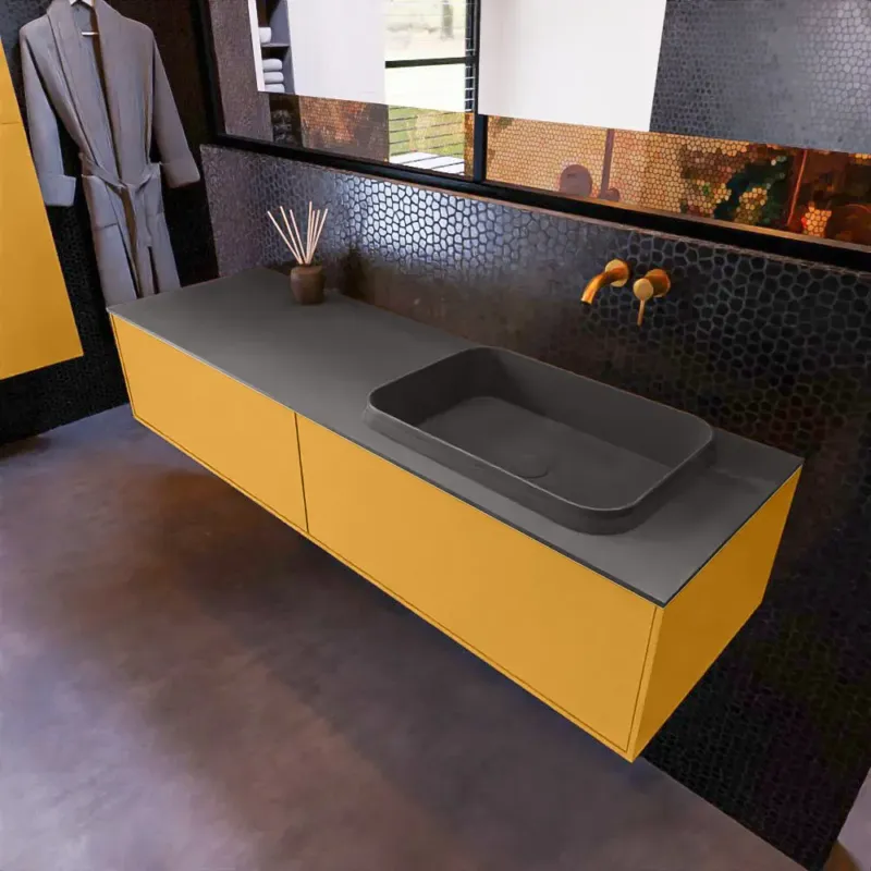 Mondiaz Erin 150cm badmeubel Ocher met 2 lades en donkergrijze wastafel rechts zonder kraangaten Meest Verkocht