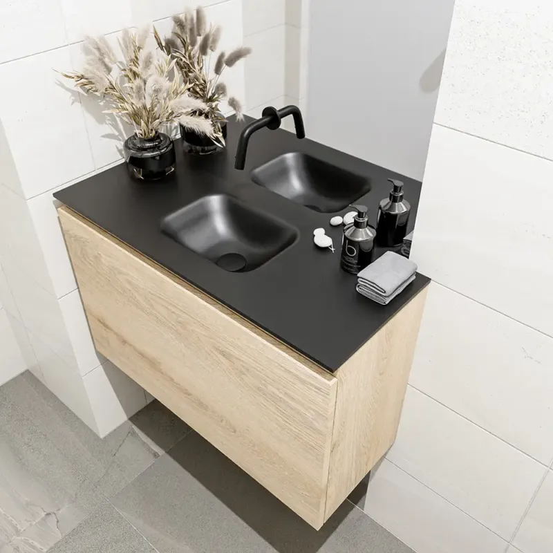 Korting Mondiaz Olan 80cm toiletmeubel washed oak met wastafel urban midden geen kraangat
