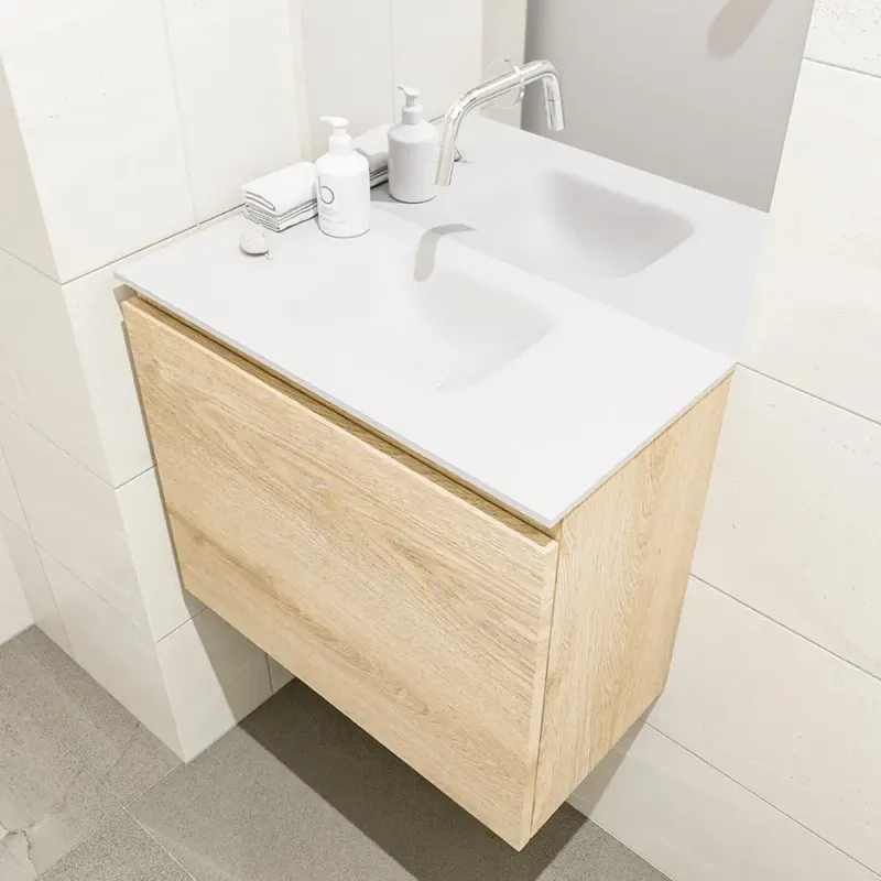 Betrouwbaar Mondiaz Olan 60cm toiletmeubel washed oak met wastafel talc midden geen kraangat