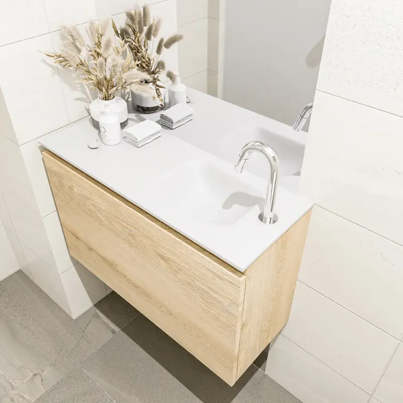 Aanbieding Mondiaz Olan 80cm toiletmeubel washed oak met wastafel talc rechts 1 kraangat